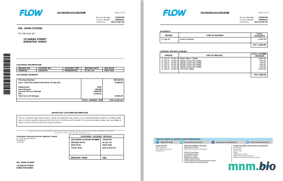Jamaica Flow tax invoice cable and internet bill Word i PDF template, 2 strony SCR